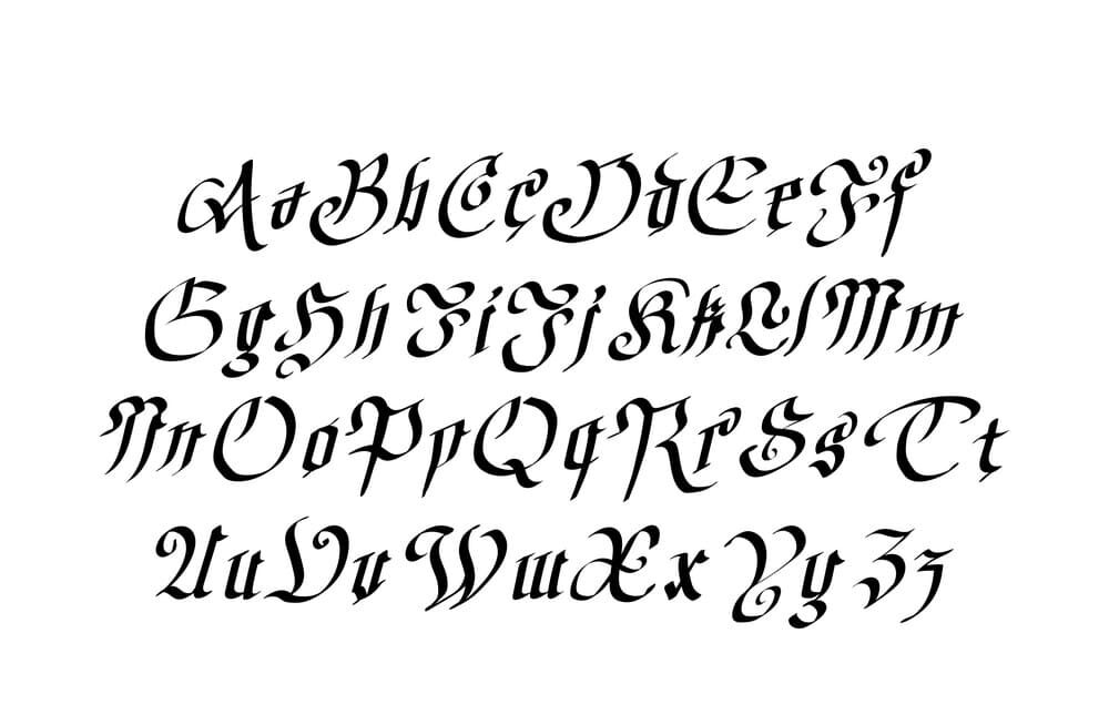 gothic calligraphy alphabet with strokes